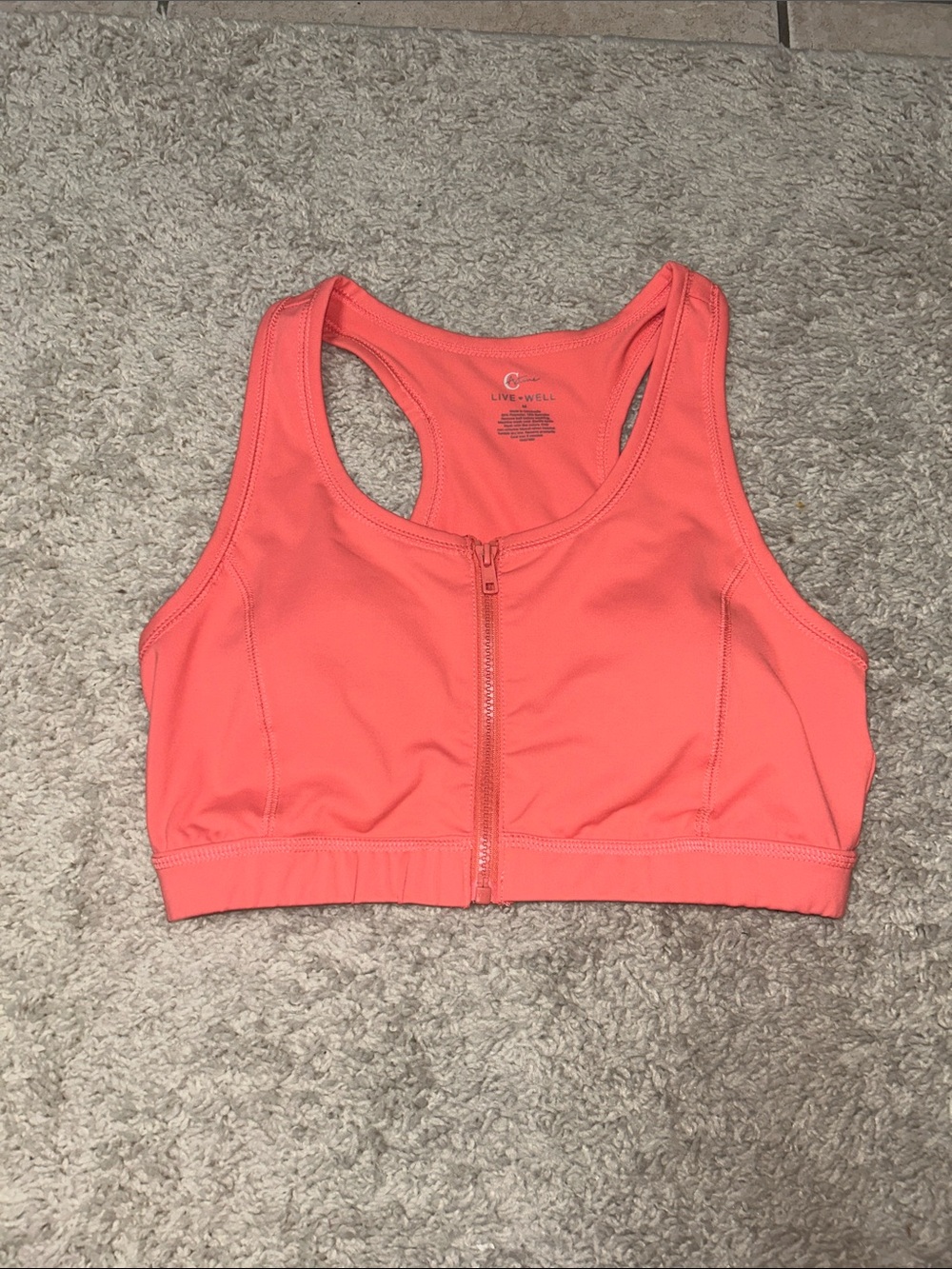 Live & Well Coral Front-Zip Racerback Sports Bra